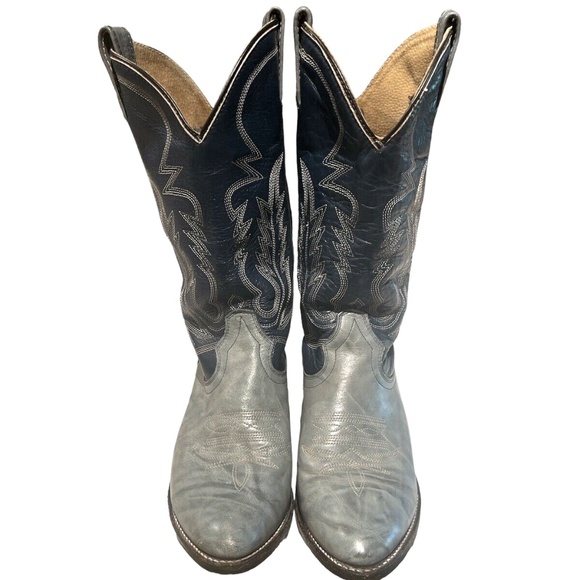 Double H Canada Navy & Grey Leather Embroidered Western Cowboy Boots US 8.5 - Picture 2 of 8